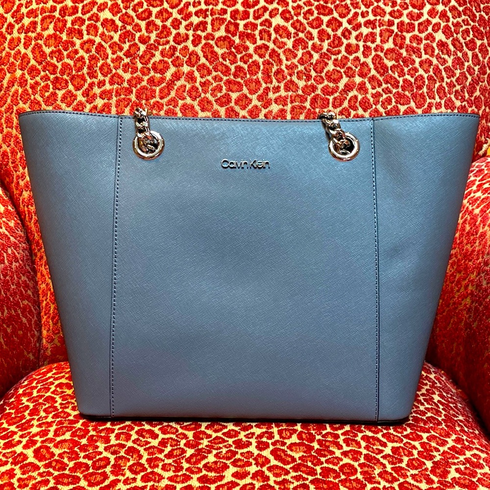 Calvin Klein Saffiano Gray Tote with Chain Detail